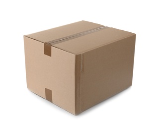 Photo of Cardboard box on white background. Mockup for design