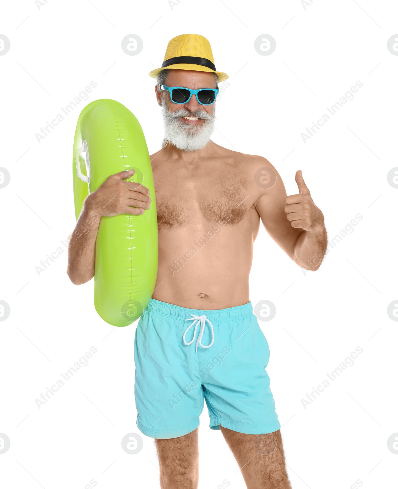 Photo of Shirtless man with inflatable ring on white background