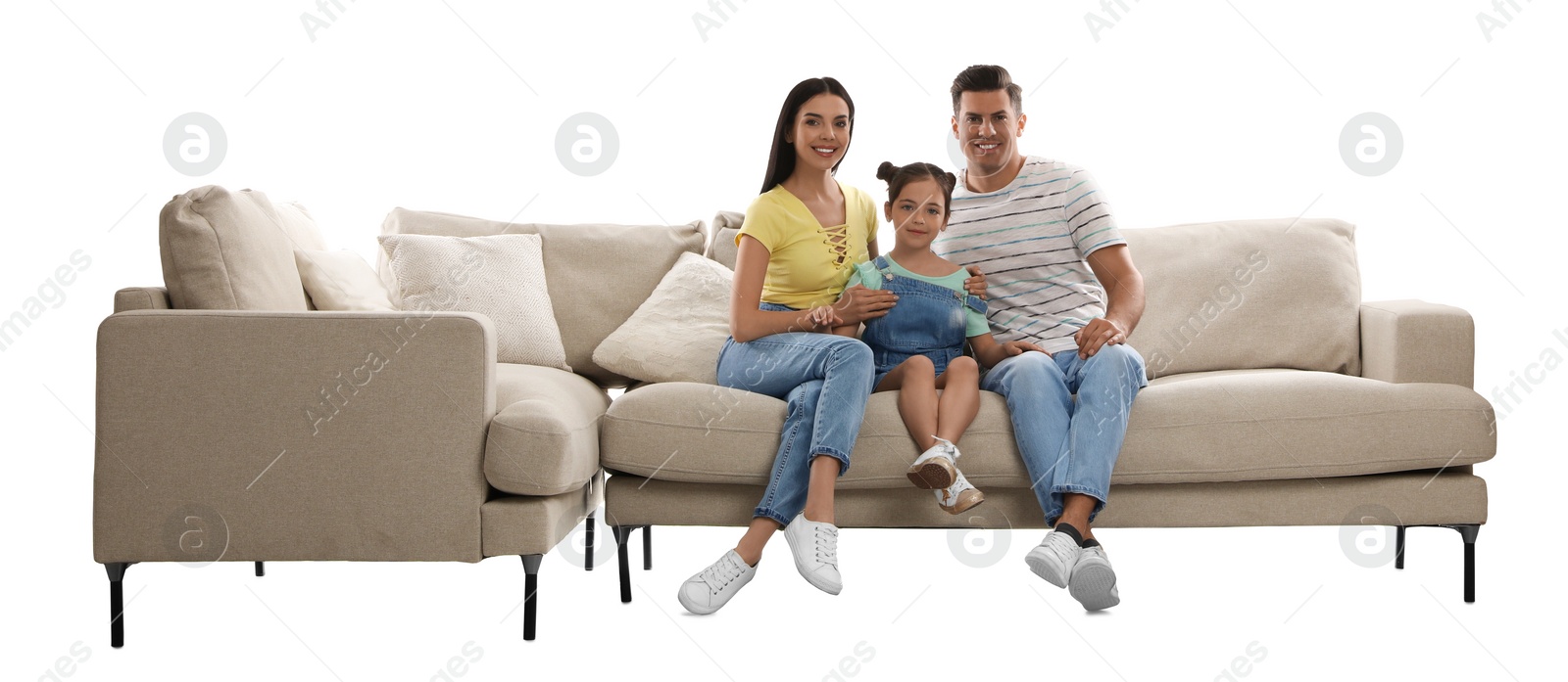 Photo of Happy family resting on comfortable sofa against white background