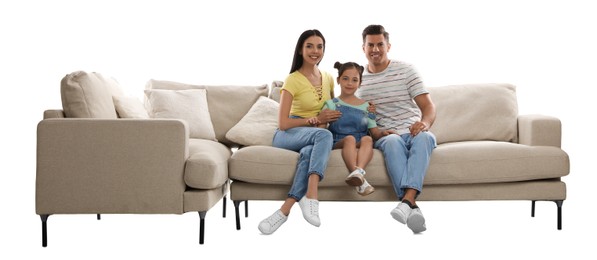 Photo of Happy family resting on comfortable sofa against white background