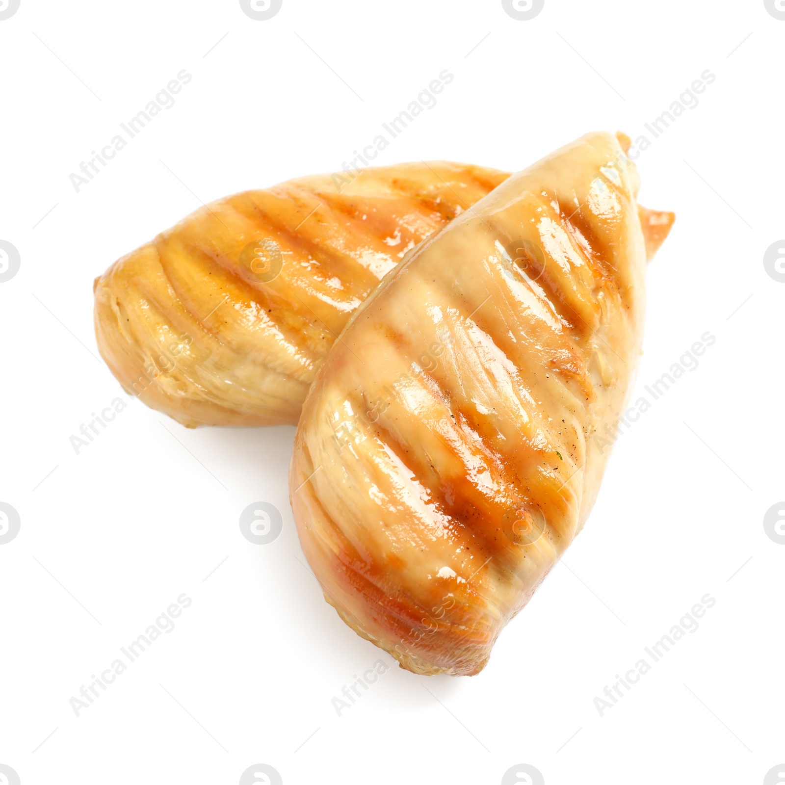 Photo of Delicious grilled chicken breasts on white background