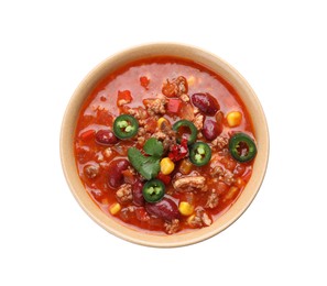 Bowl with tasty chili con carne on white background, top view