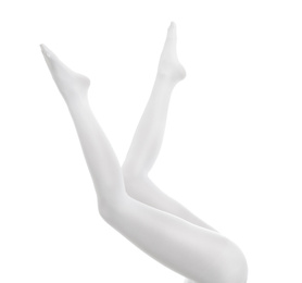 Photo of Woman wearing stylish tights on white background, closeup of legs