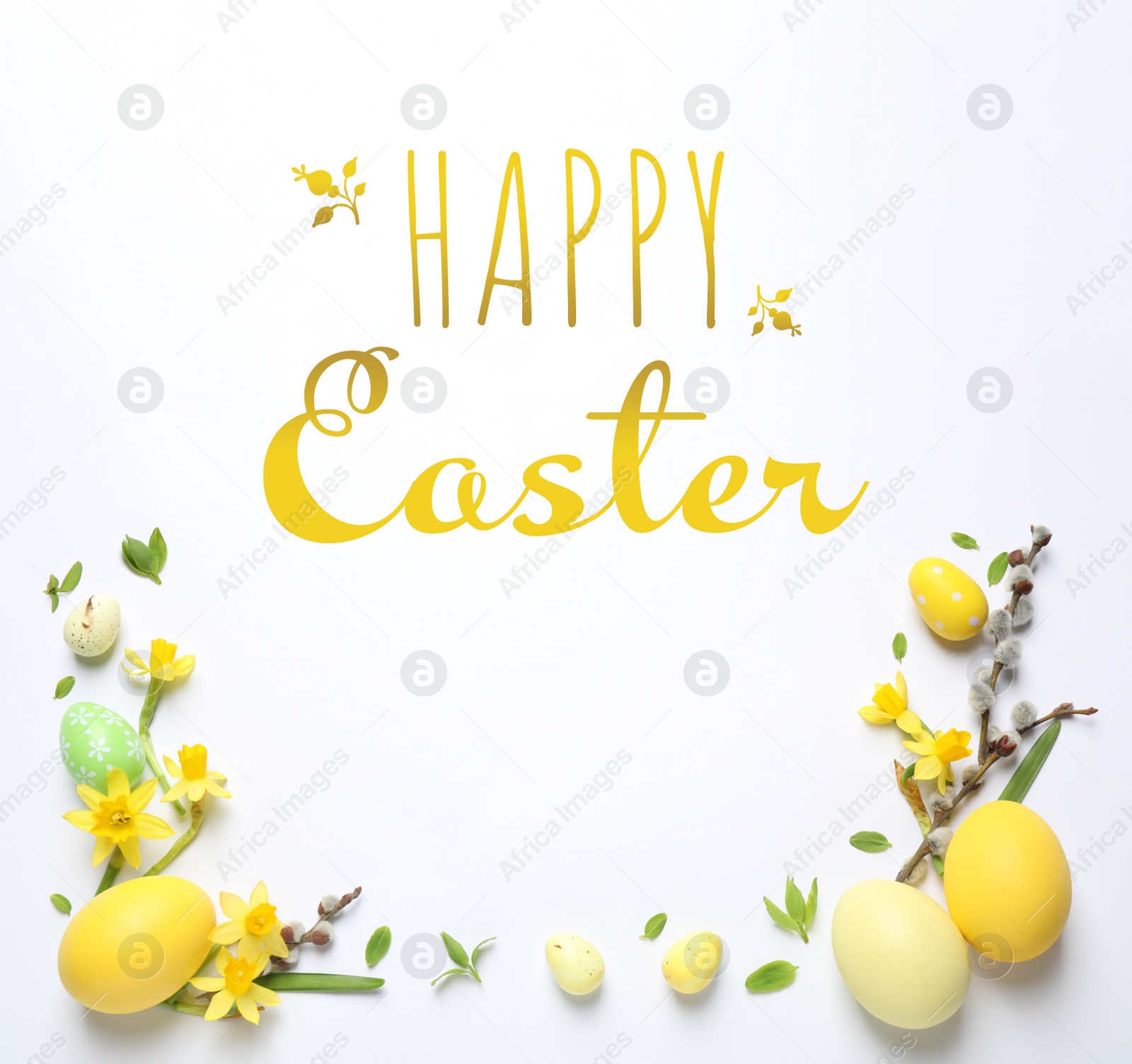 Image of Happy Easter greeting card design with eggs on white background