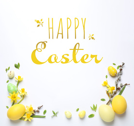 Image of Happy Easter greeting card design with eggs on white background