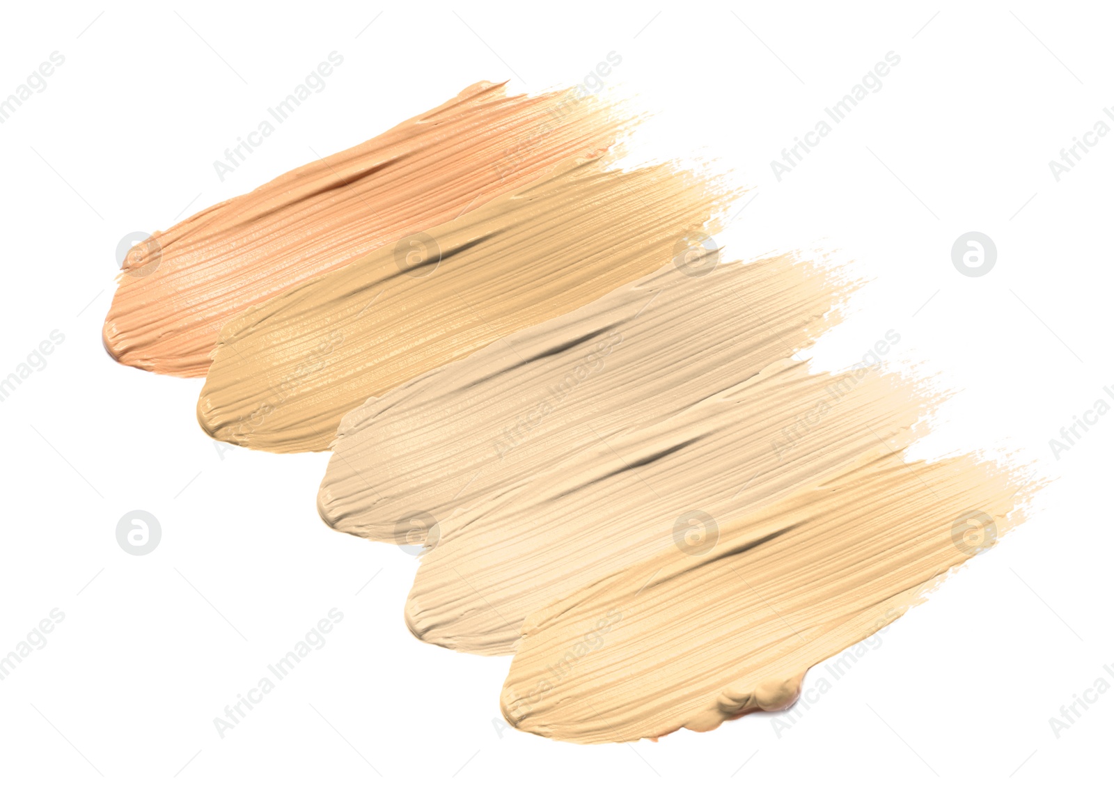 Image of Foundation of various shades for different skin tones isolated on white, top view. Set of samples