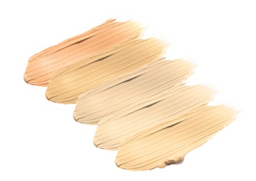 Image of Foundation of various shades for different skin tones isolated on white, top view. Set of samples