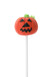 Delicious jack-o-lantern cake pop isolated on white. Halloween holiday