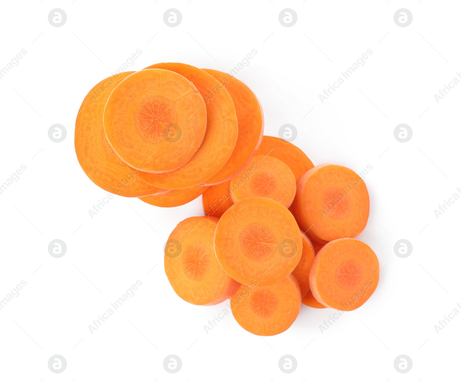 Photo of Slices of fresh ripe carrot isolated on white, top view