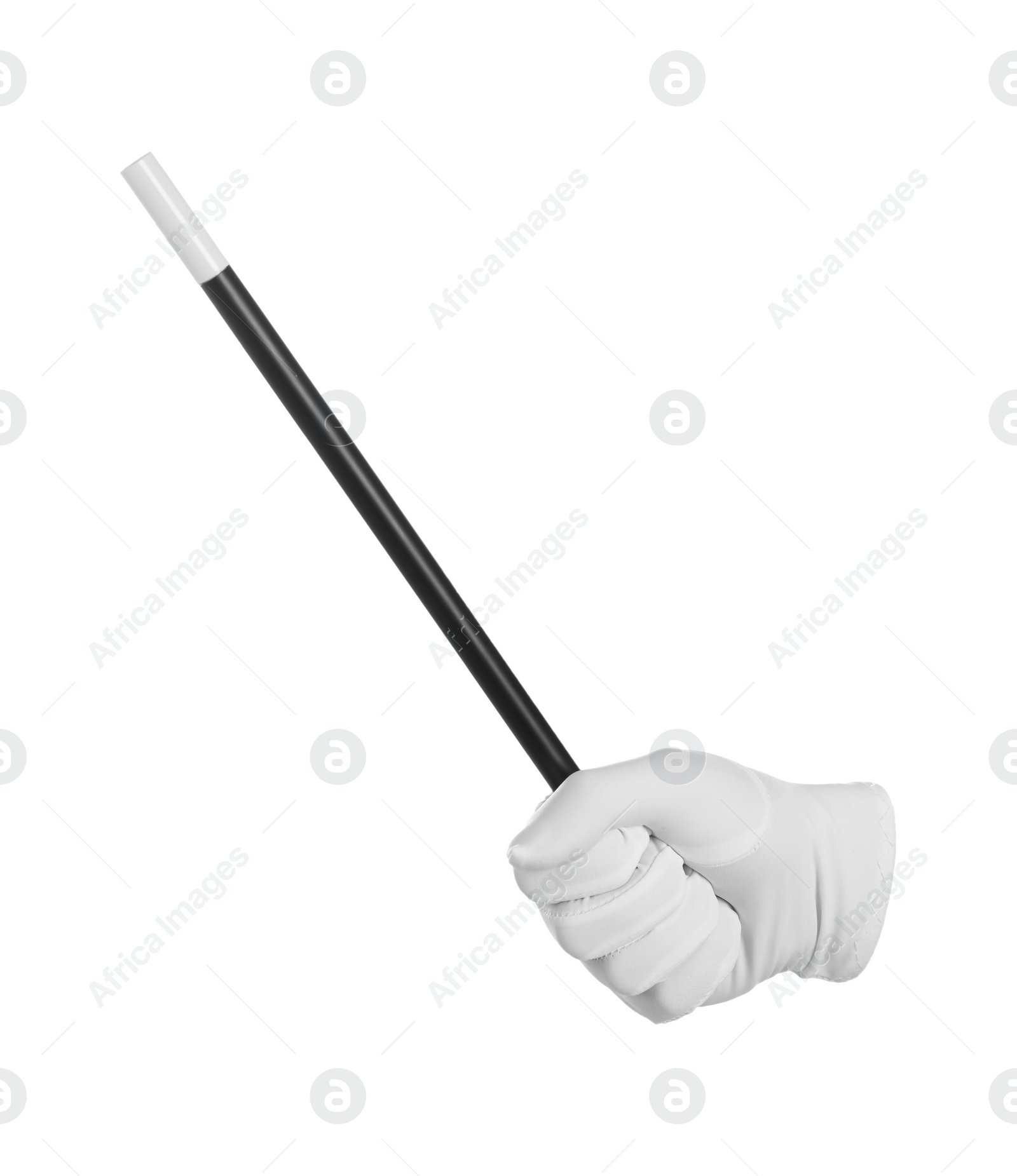 Photo of Magician with magic wand on white background, closeup