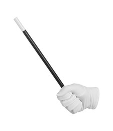 Photo of Magician with magic wand on white background, closeup