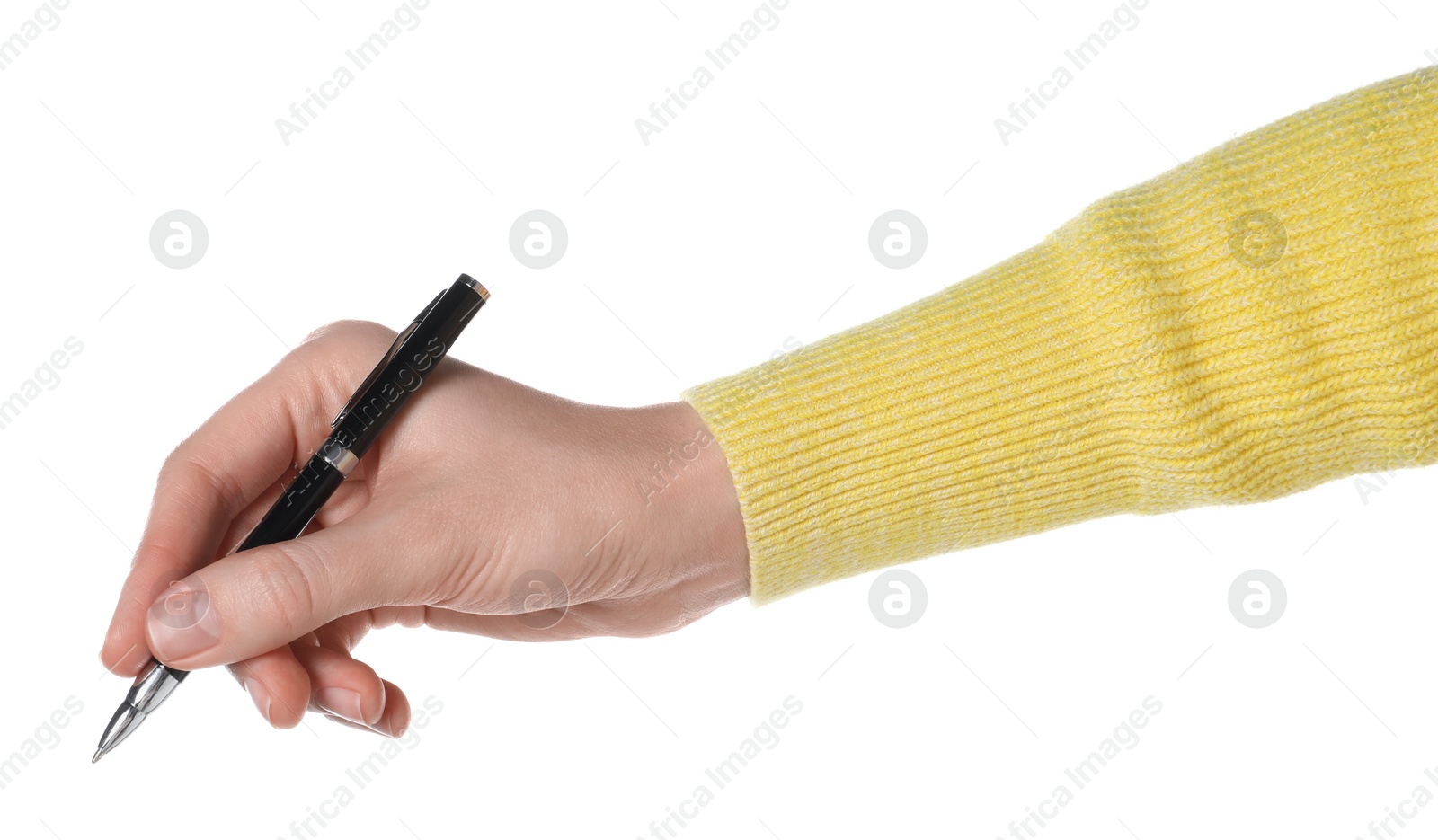 Photo of Woman holding pen on white background, closeup of hand