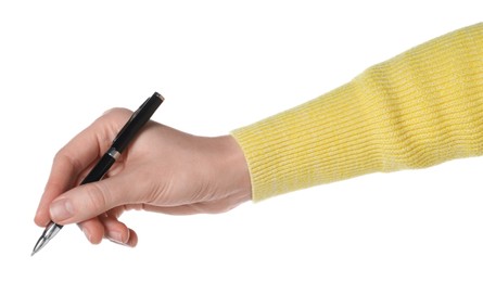 Woman holding pen on white background, closeup of hand