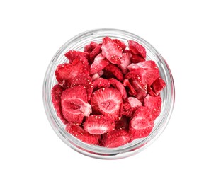 Photo of Freeze dried strawberries in glass jar on white background, top view