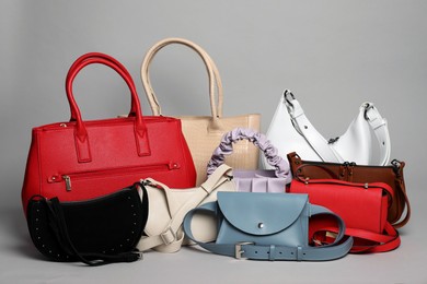 Photo of Different stylish woman's bags on light grey background