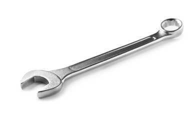 New combination wrench on white background. Plumber tools