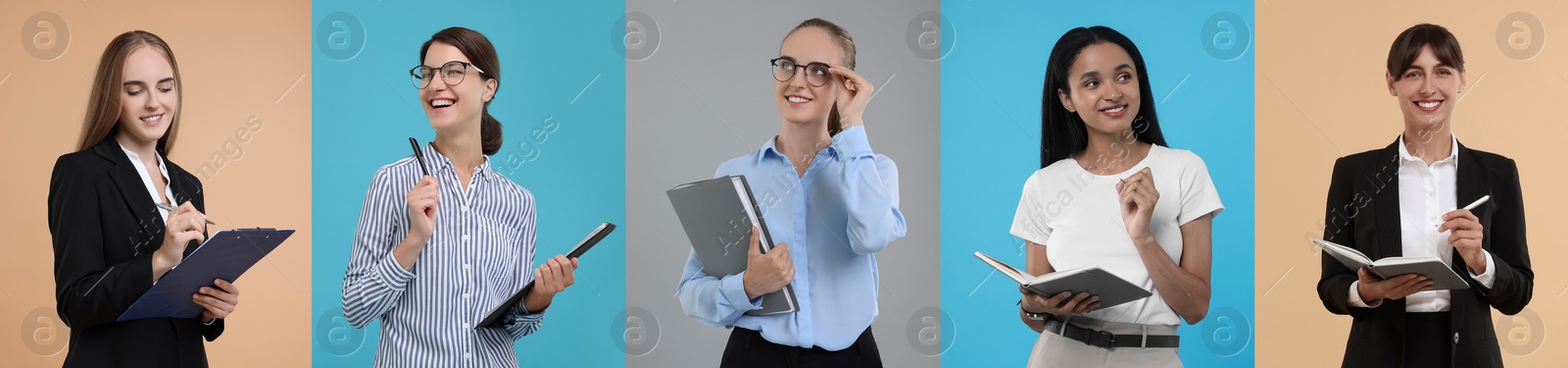 Image of Collage with photos of beautiful secretaries on different color backgrounds