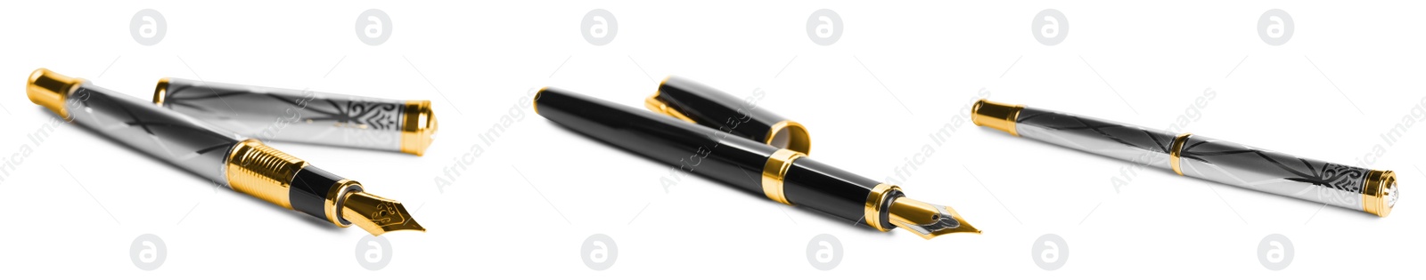 Image of Set with different beautiful fountain pens on white background. Banner design