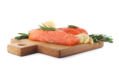 Pieces of fresh raw salmon, rosemary and lemon slices isolated on white