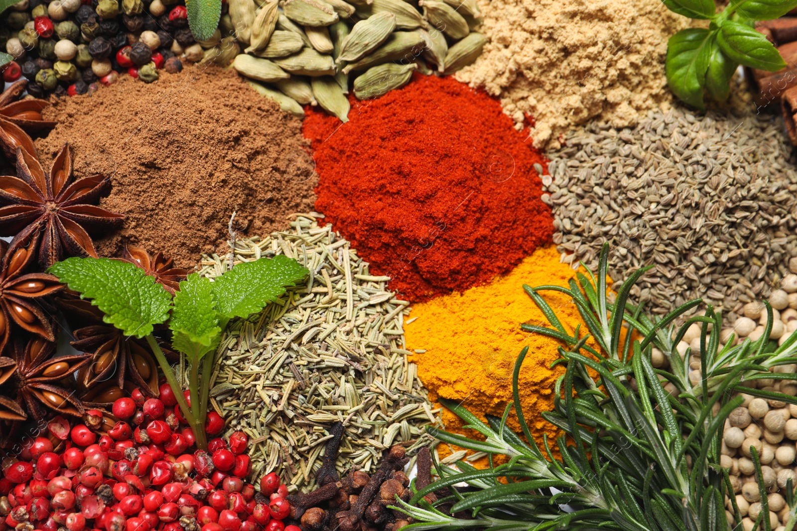 Photo of Different fresh herbs with aromatic spices as background, top view