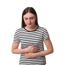 Photo of Young woman suffering from stomach pain on white background