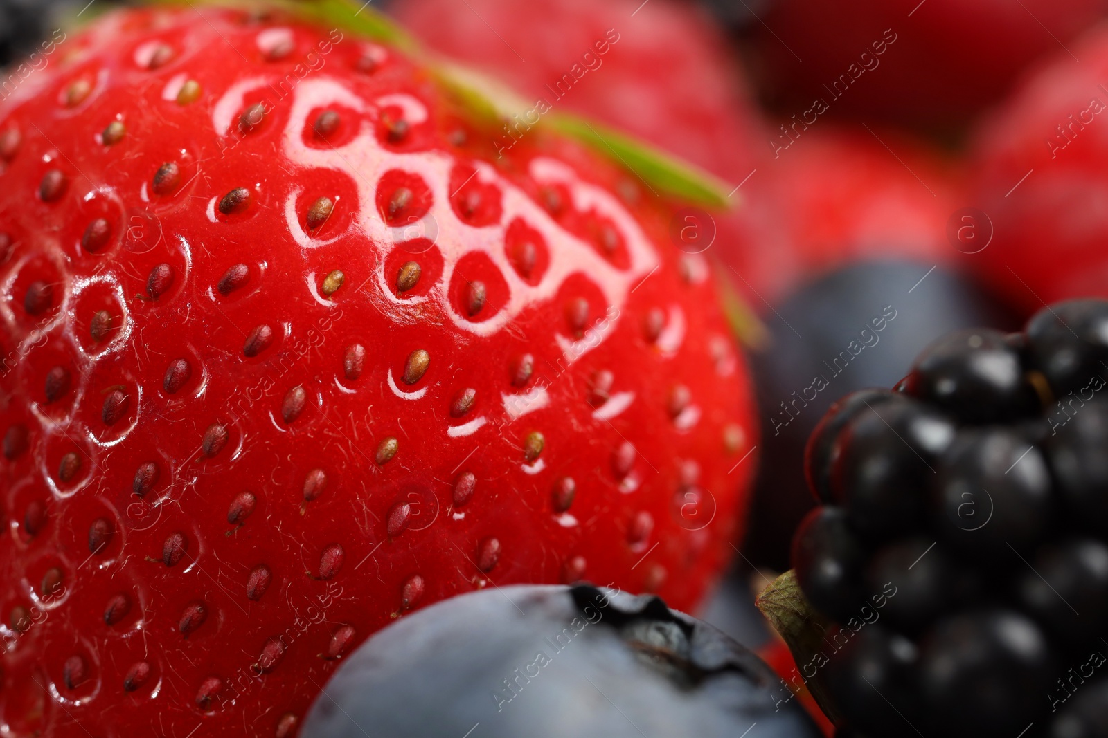 Photo of Different fresh ripe berries as background, macro view