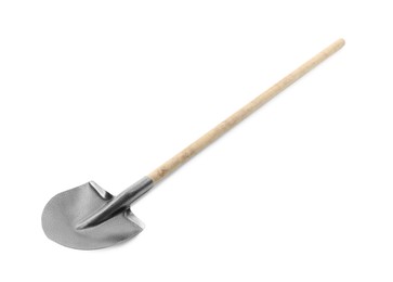 Photo of One new shovel with wooden handle isolated on white. Gardening tool
