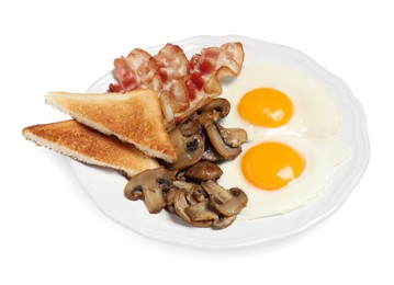 Photo of Plate with fried eggs, mushrooms, bacon and toasted bread isolated on white. Traditional English breakfast
