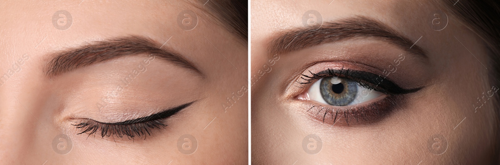 Image of Collage with photos of woman with black eyeliner, closeup view of closed and open eyes. Banner design