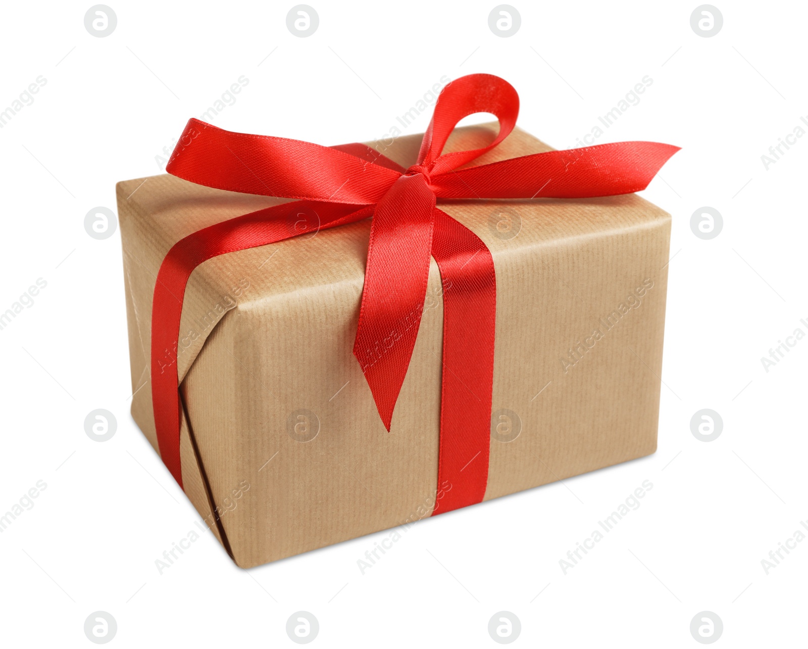 Photo of Christmas gift. Box wrapped in kraft paper on white background