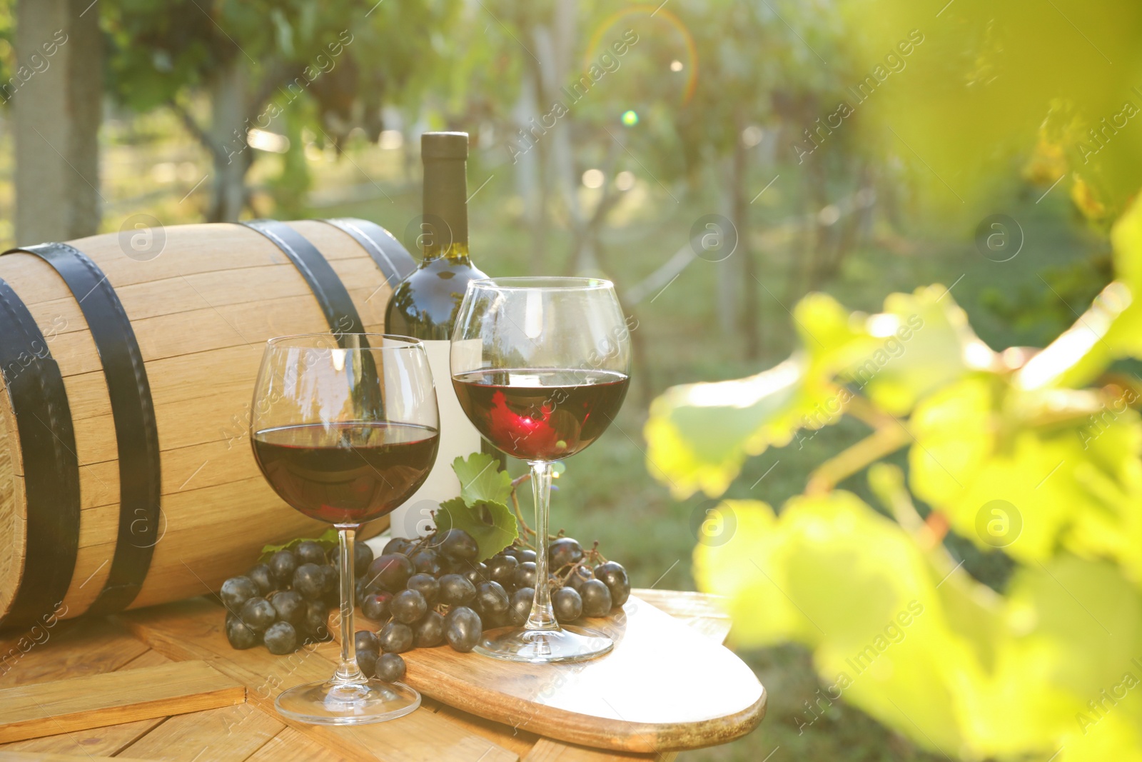 Photo of Composition with wine and ripe grapes on wooden table in vineyard