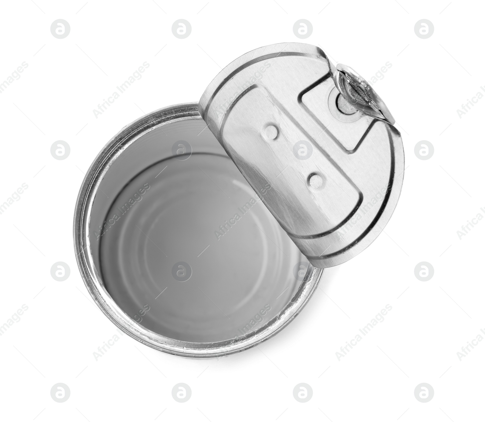 Photo of Empty aluminum can on white background, top view. Metal waste recycling