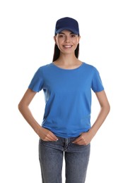 Young happy woman in blue cap and tshirt on white background. Mockup for design