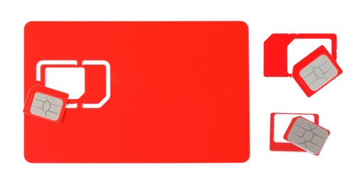 Image of Set with red SIM cards on white background, top view. Banner design