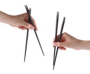 Image of Woman holding chopsticks isolated on white, closeup. Collage with photos