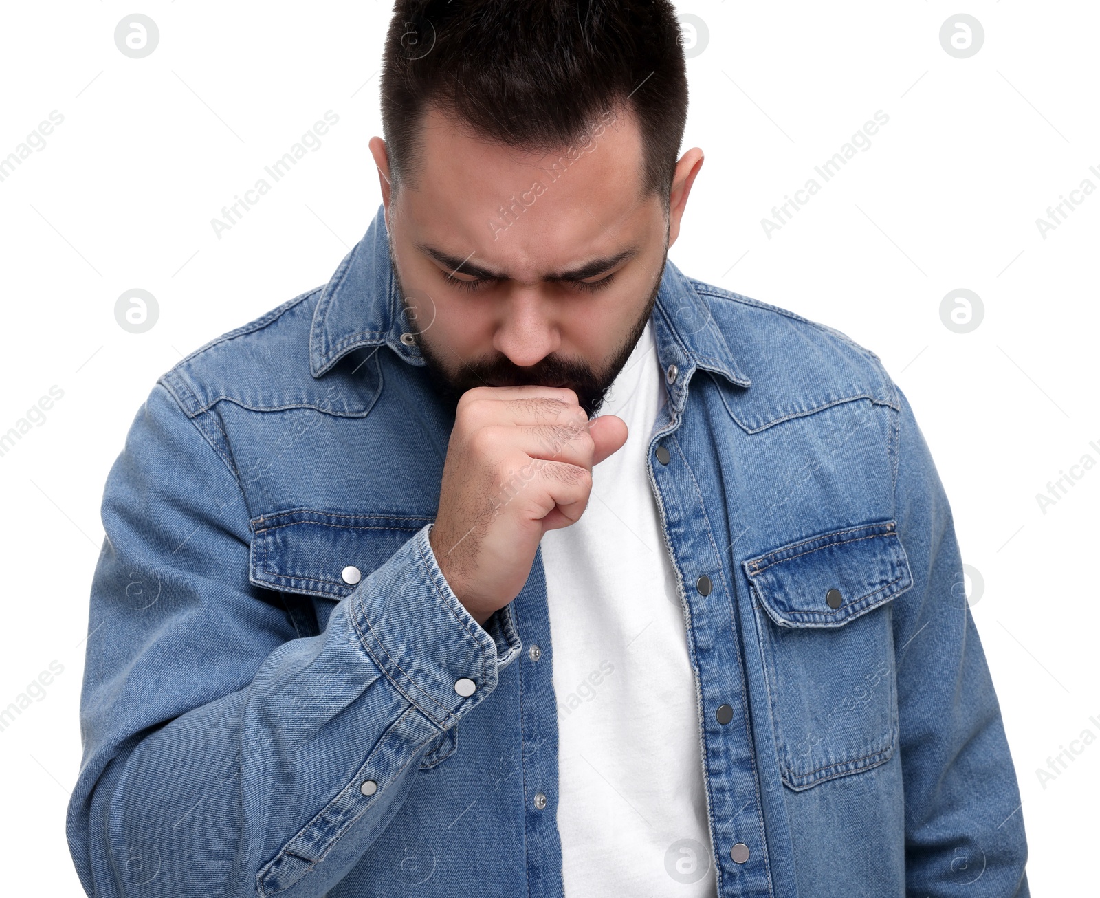 Photo of Sick man coughing on white background. Cold symptoms