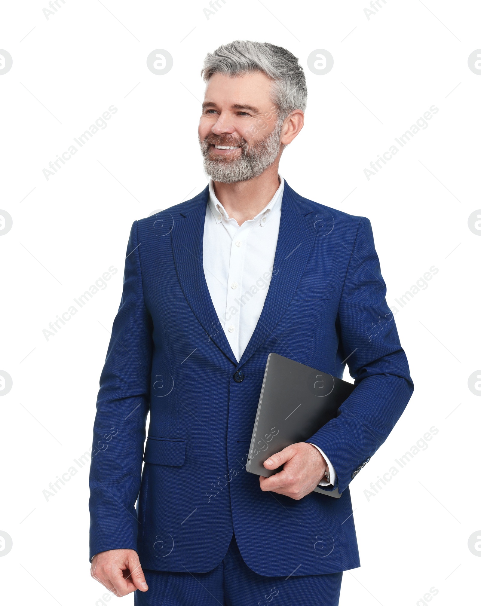 Photo of Mature businessman in stylish clothes with laptop on white background