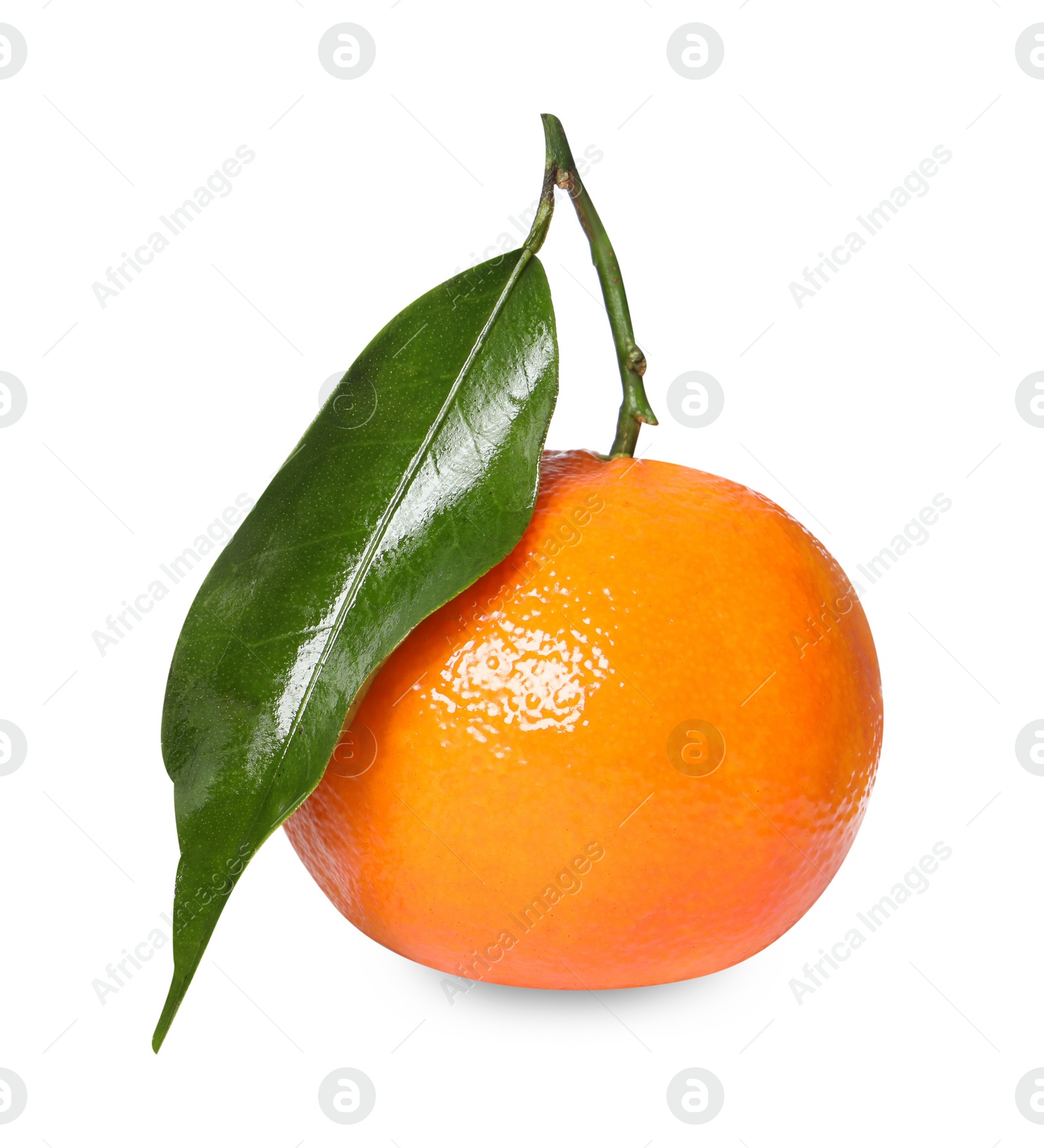 Photo of Fresh ripe juicy tangerine with green leaf isolated on white