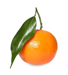 Photo of Fresh ripe juicy tangerine with green leaf isolated on white