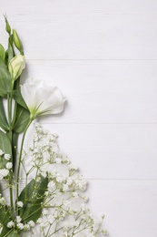 Beautiful flowers on white wooden background, flat lay. Space for text