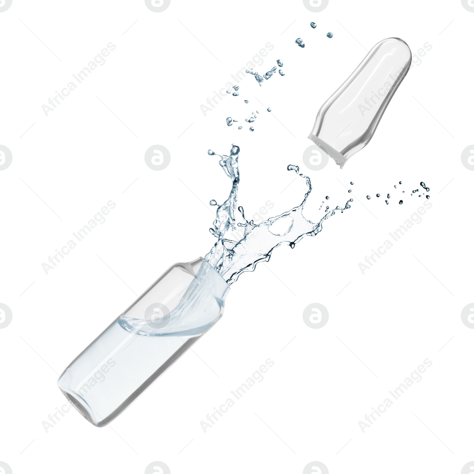 Image of Open glass ampoule with pharmaceutical product on white background