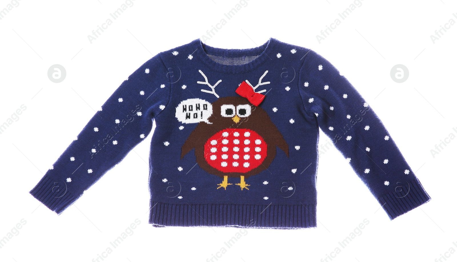 Photo of Warm Christmas sweater on white background. Seasonal clothing