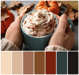 Image of Closeup view of woman holding tasty pumpkin latte at table and color palette. Collage