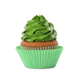 Photo of Delicious cupcake with green cream isolated on white