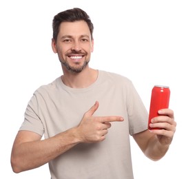 Photo of Happy man holding red tin can with beverage on white background