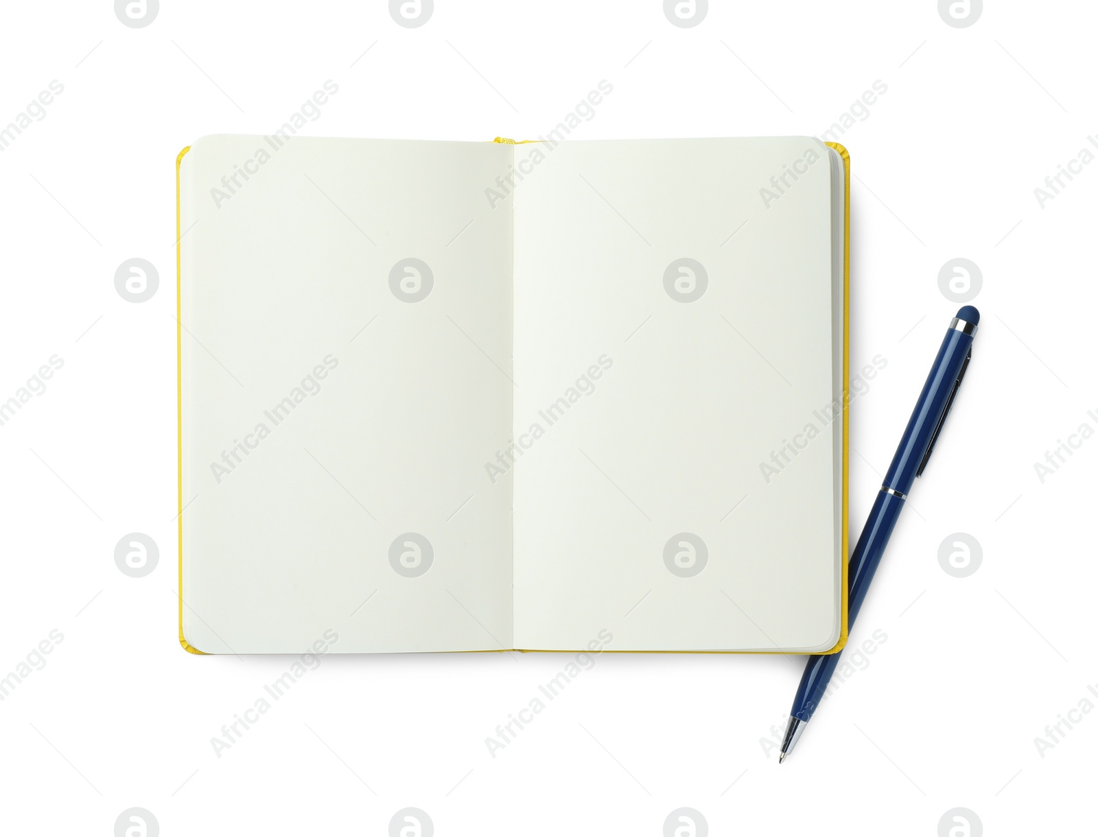 Photo of Open notebook with blank pages and pen isolated on white, top view