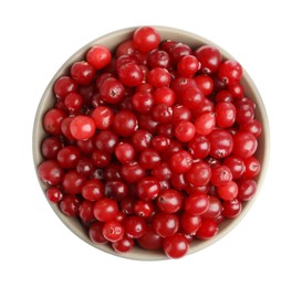 Photo of Bowl of fresh ripe cranberries isolated on white, top view