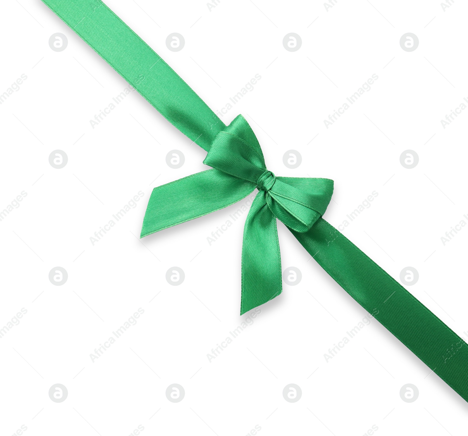 Photo of Green satin ribbon with bow isolated on white, top view