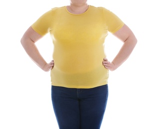 Overweight woman on white background, closeup. Weight loss