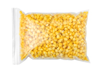 Photo of Plastic bag with frozen corn on white background, top view. Vegetable preservation